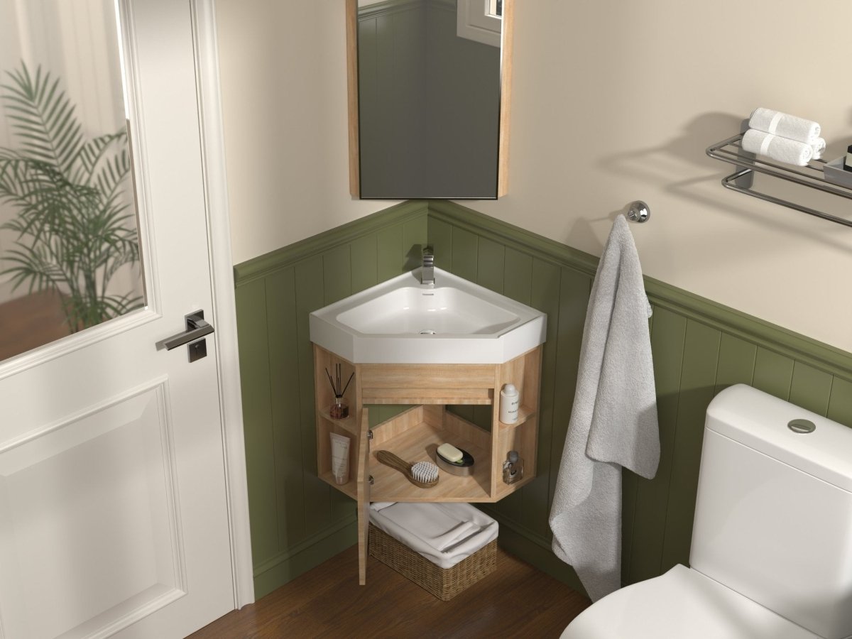 18 Inch Light Oak Trinsville Wall Mount Corner Bathroom Vanity with Matte Solid Surface - Bentoncollections