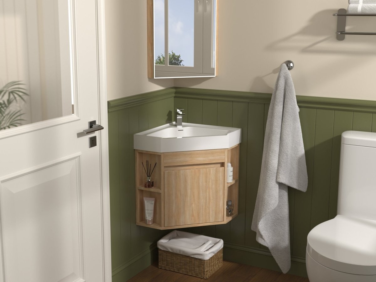 18 Inch Light Oak Trinsville Wall Mount Corner Bathroom Vanity with Matte Solid Surface - Bentoncollections