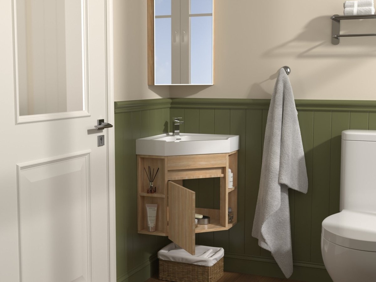 18 Inch Light Oak Trinsville Wall Mount Corner Bathroom Vanity with Matte Solid Surface - Bentoncollections