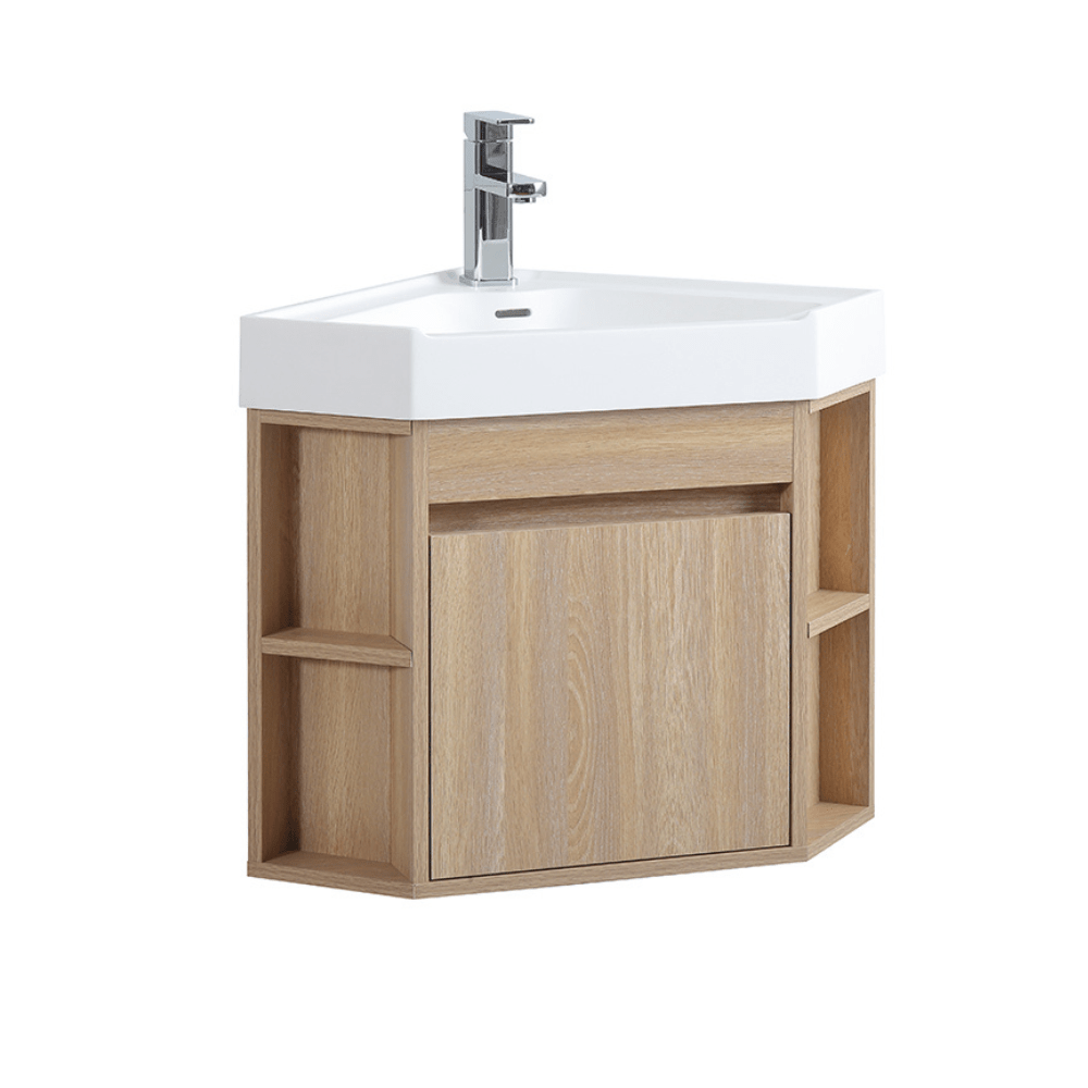 18 Inch Light Oak Trinsville Wall Mount Corner Bathroom Vanity with Matte Solid Surface - Bentoncollections