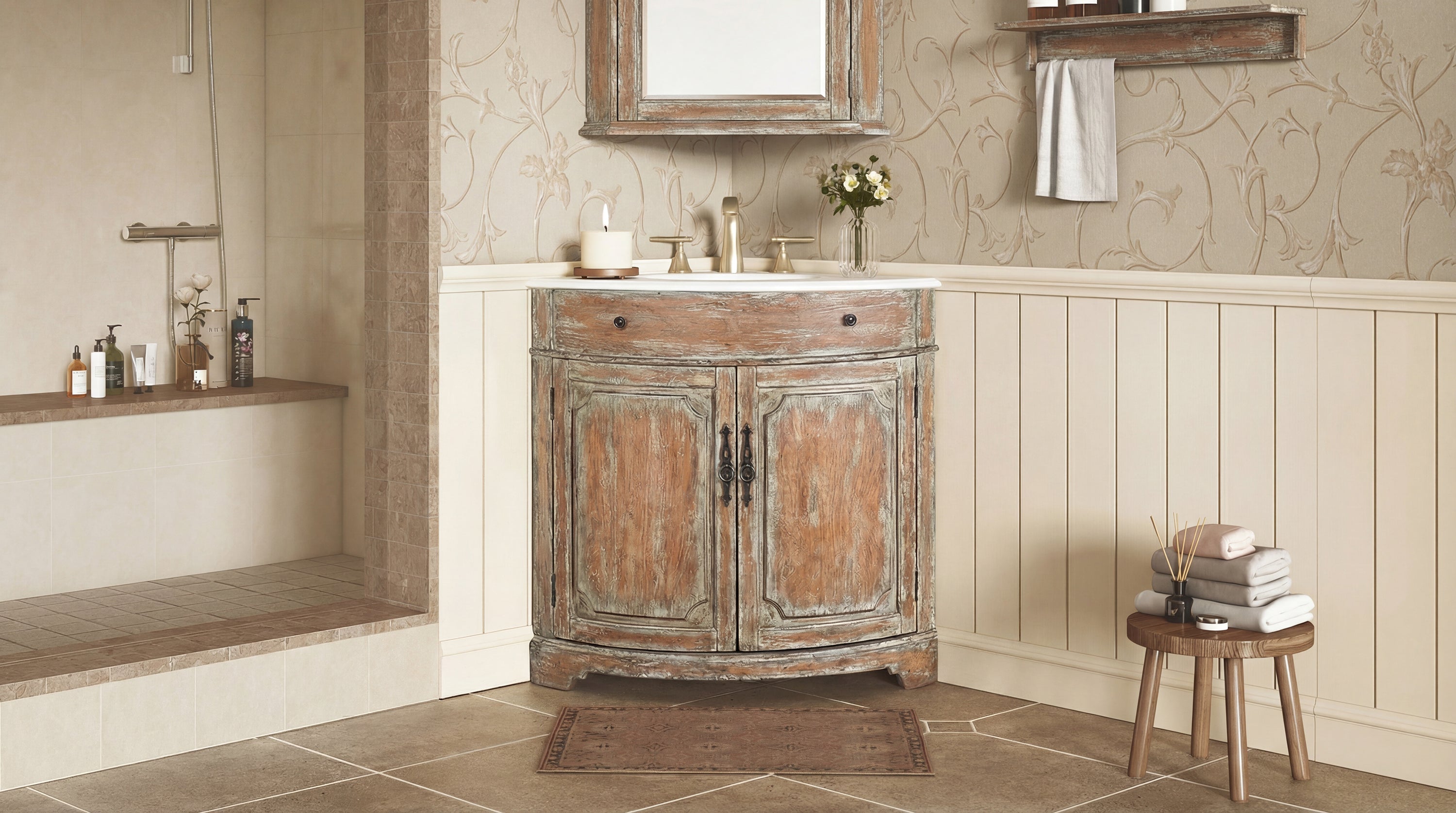 24 Inch Triadsville Freestanding Distressed Brown Corner Bathroom Sink Vanity
