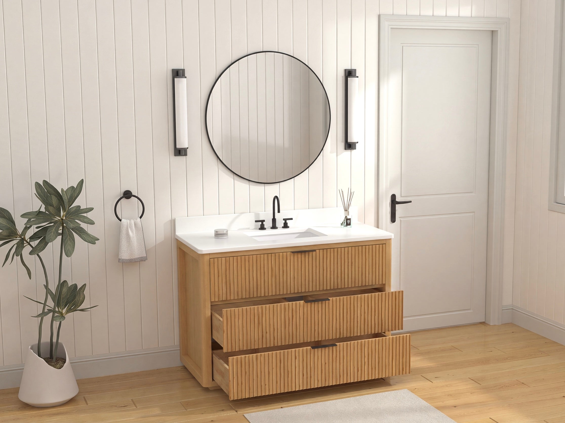 48 Inch Modern Golden Oak Coris Single Sink Bathroom Vanity With White Quartz Top