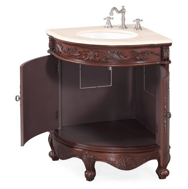 24 Inch Classic Style Walnut Brown Bayview Cream Marble Countertop Corner Bathroom Sink Vanity