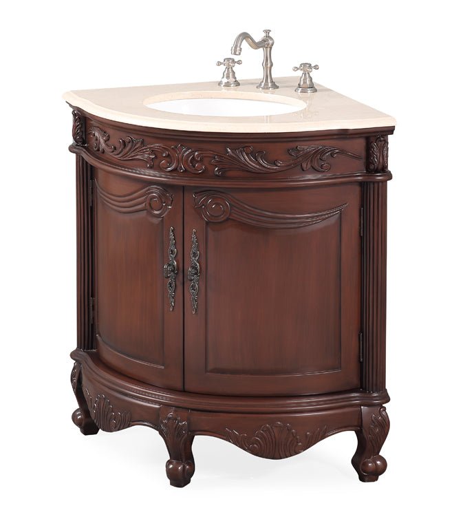 24 Inch Classic Style Walnut Brown Bayview Cream Marble Countertop Corner Bathroom Sink Vanity