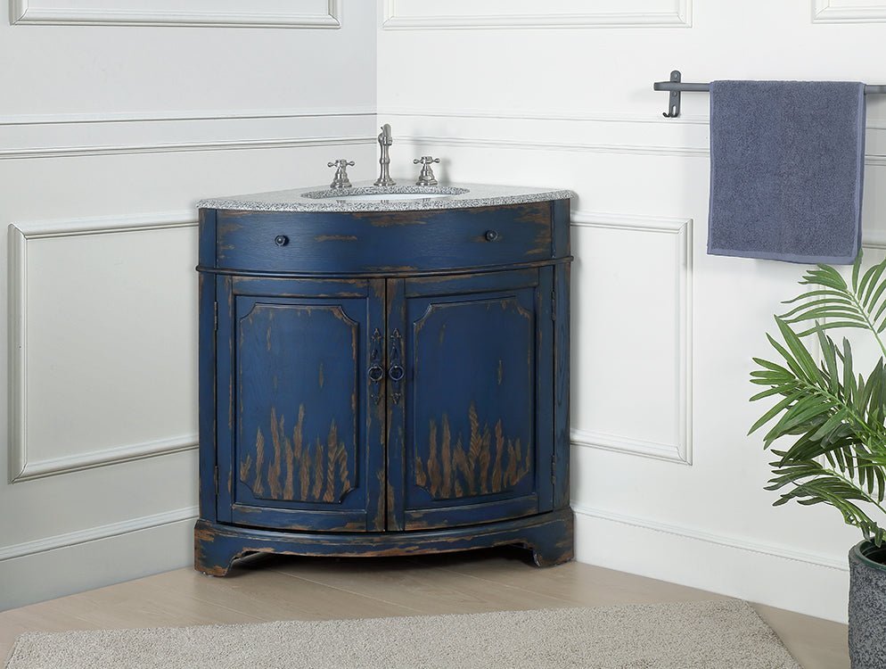 24 Inch Triadsville Freestanding Distressed Navy Blue Corner Bathroom Sink Vanity