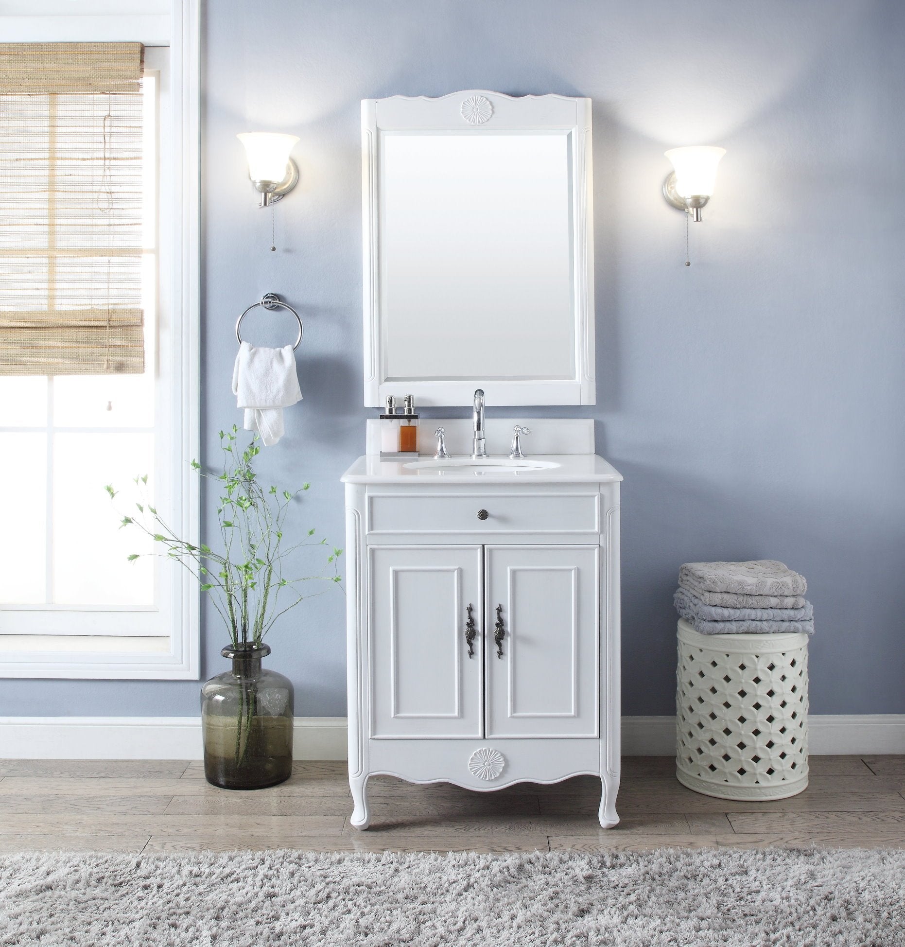 26 Inch Daleville Distressed White Cottage Style Small Bathroom Sink Vanity