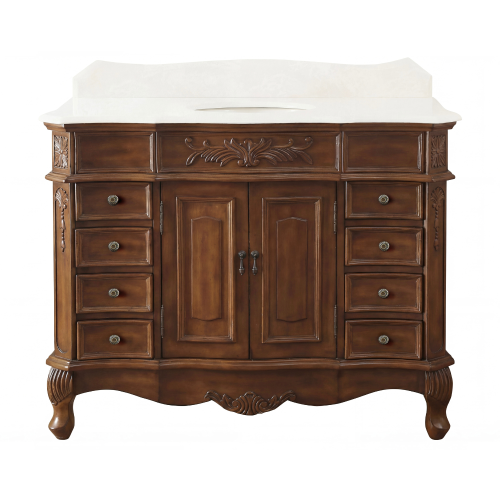 Morton 42" Antique Style Light Brown Single Sink Bathroom Vanity | White Quartz Top