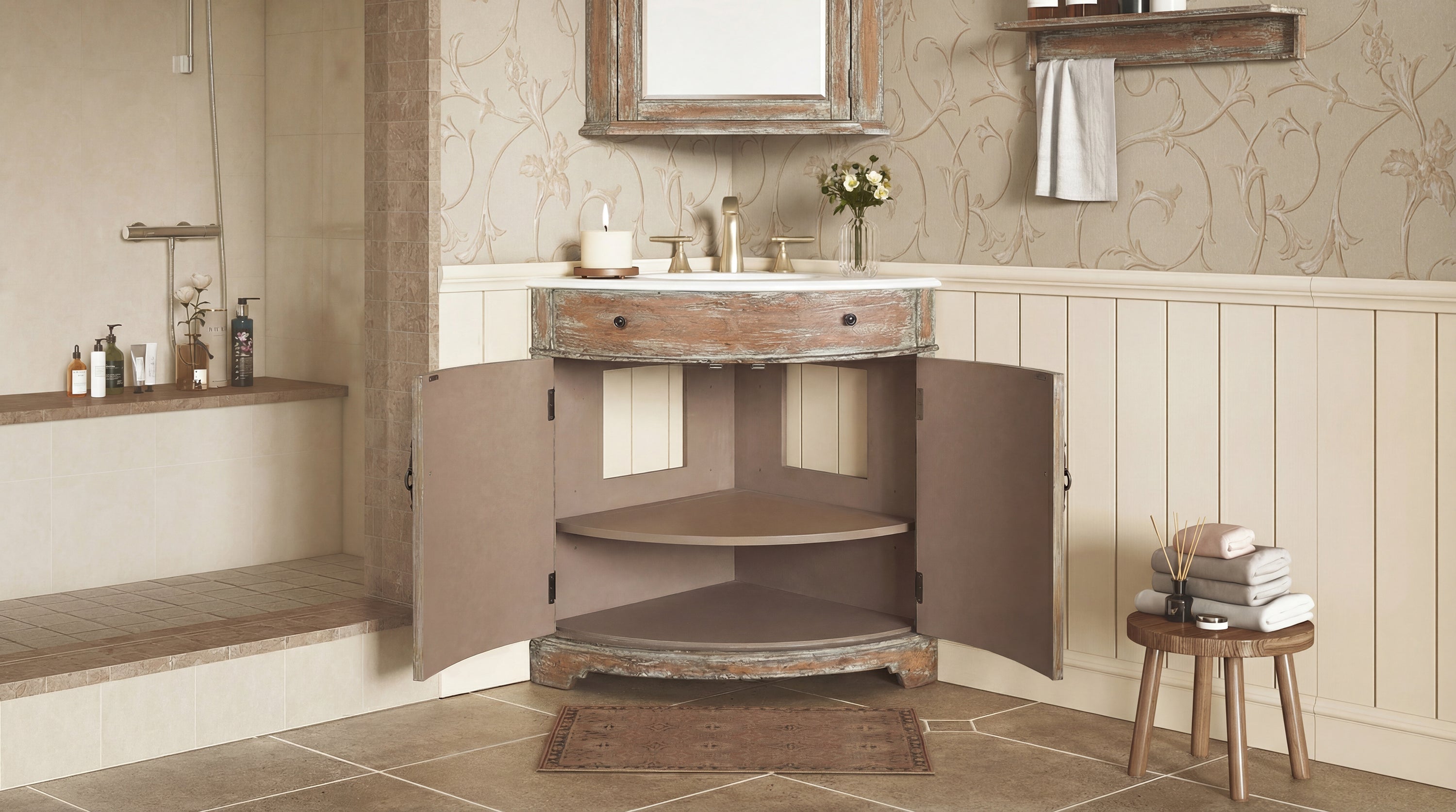 24 Inch Triadsville Freestanding Distressed Brown Corner Bathroom Sink Vanity