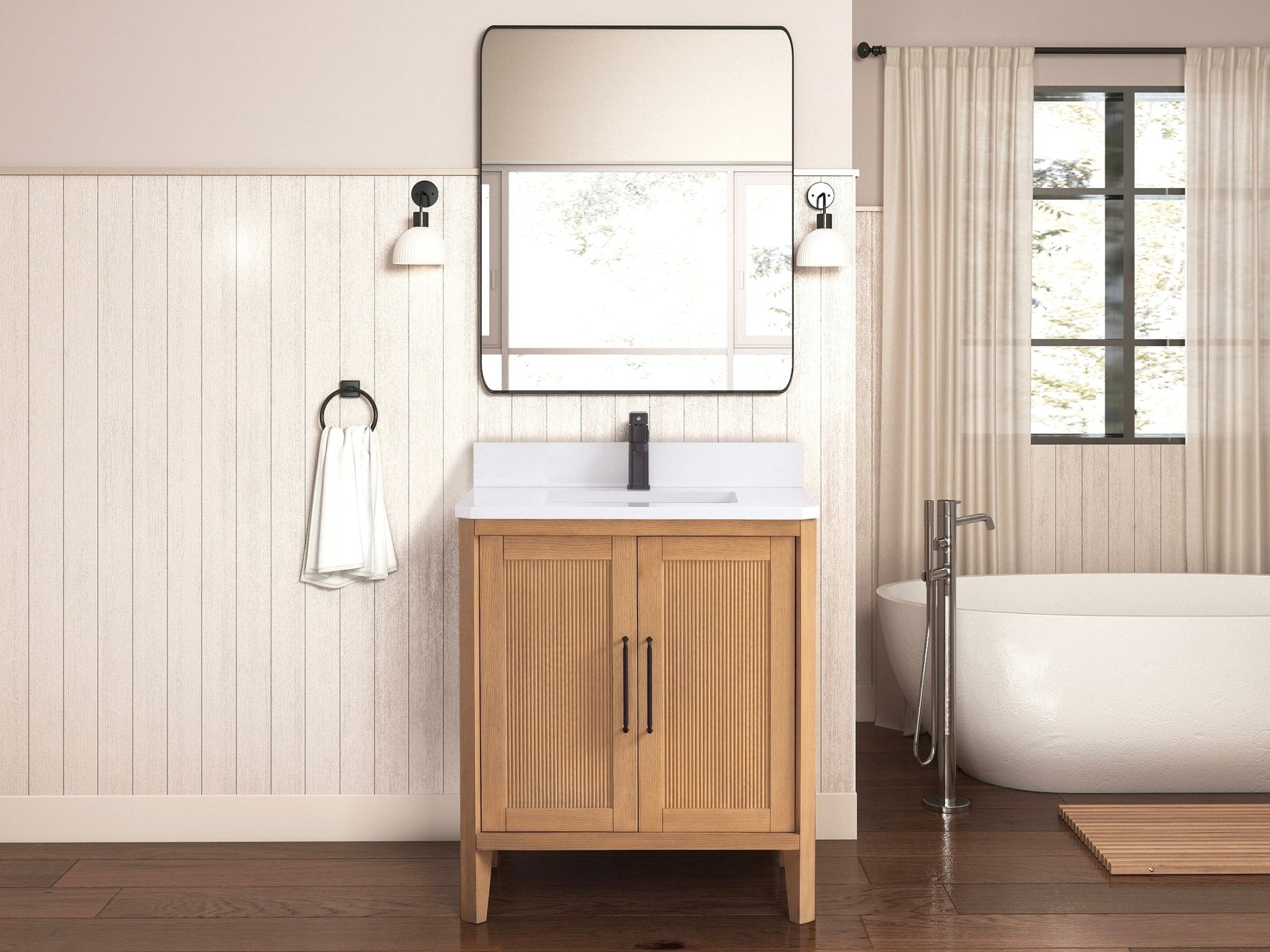 30 Inch Barque Single Sink Warm Oak Brown Finish Bathroom Vanity With White Top