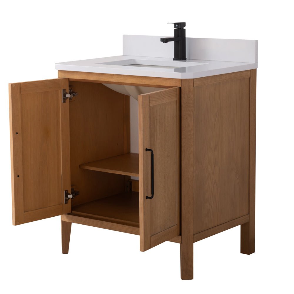 30 Inch Barque Single Sink Warm Oak Brown Finish Bathroom Vanity With White Top