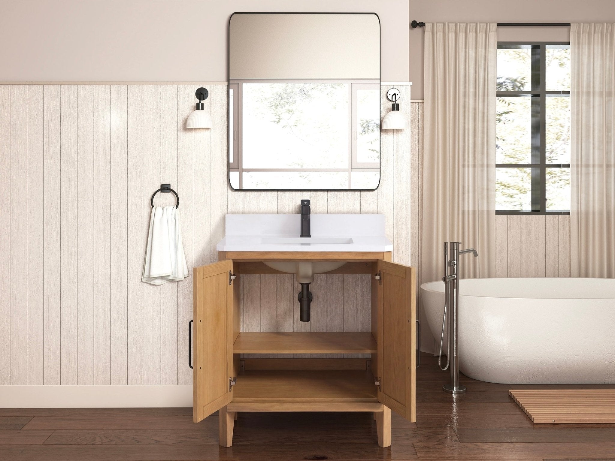 30 Inch Barque Single Sink Warm Oak Brown Finish Bathroom Vanity With White Top