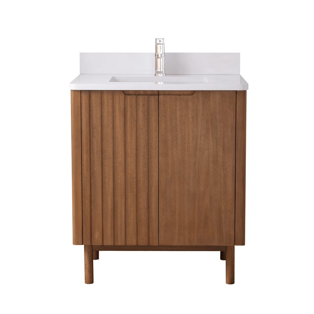 30 Inch Fume Single Sink Mango Warm Oak Brown Finish Bathroom Vanity with White Quartz Top