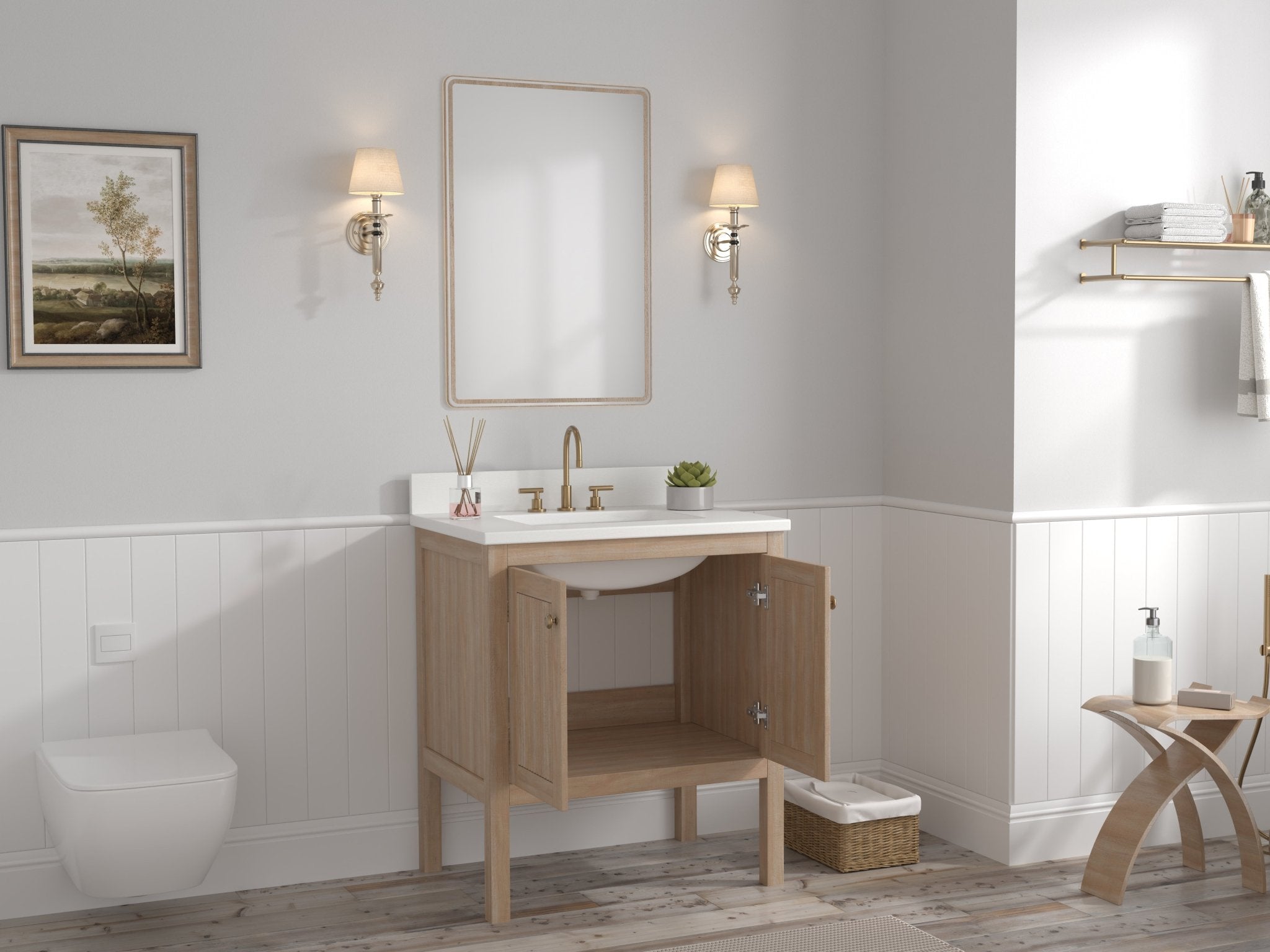 30 Inch Modern Light Oak Sera Single Sink Bathroom Vanity With White Quartz Top