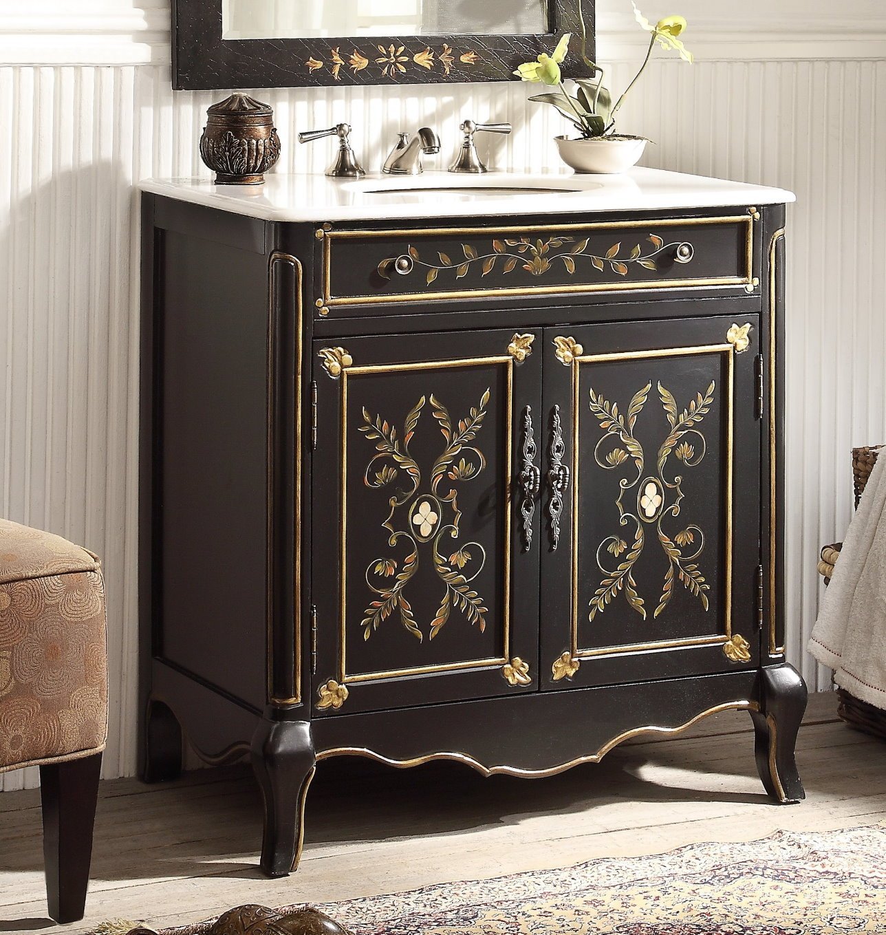 32" Black Hand - Painted Floral Motif Decoroso Bathroom Vanity