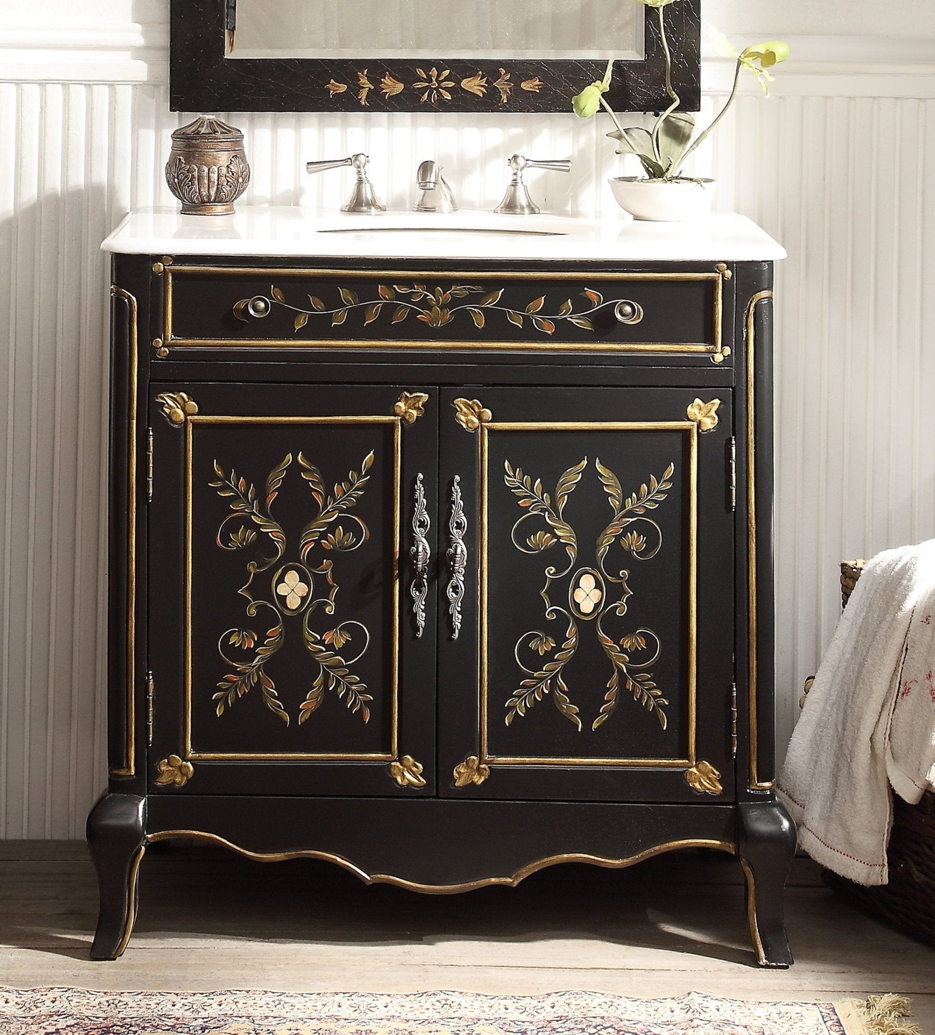 32" Black Hand - Painted Floral Motif Decoroso Bathroom Vanity
