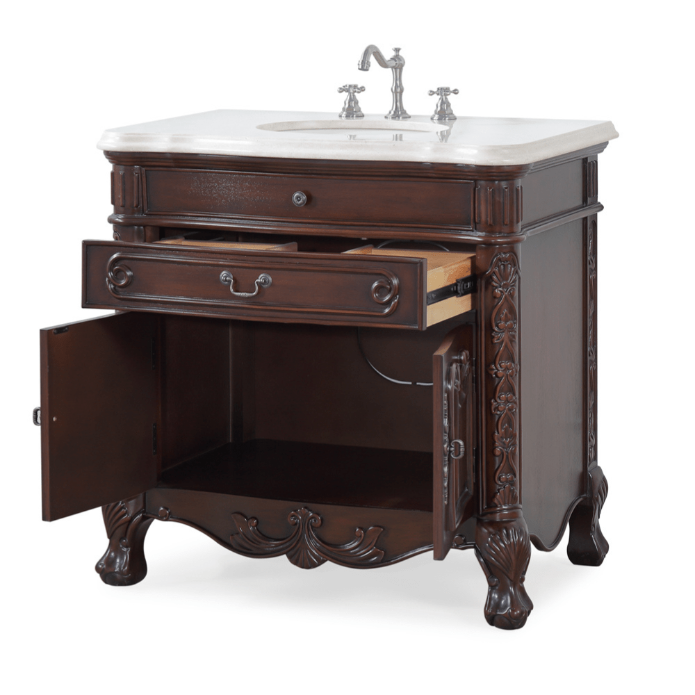 36 Inch Mahogany Wood Classic Style Madison Cream Marble Countertop Bathroom Sink Vanity