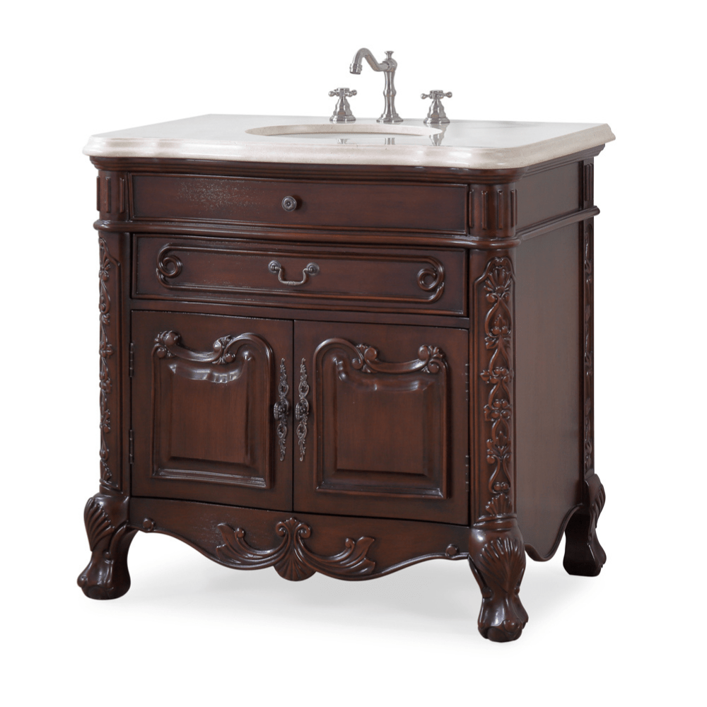 36 Inch Mahogany Wood Classic Style Madison Cream Marble Countertop Bathroom Sink Vanity