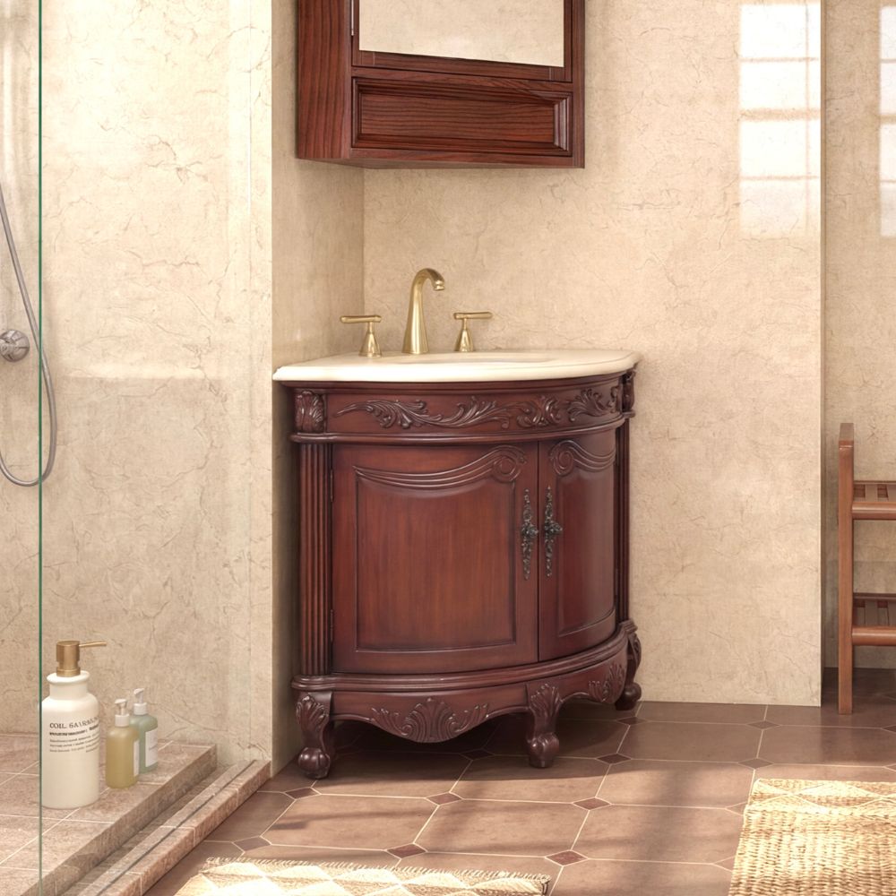 24 Inch Classic Style Walnut Brown Bayview Cream Marble Countertop Corner Bathroom Sink Vanity