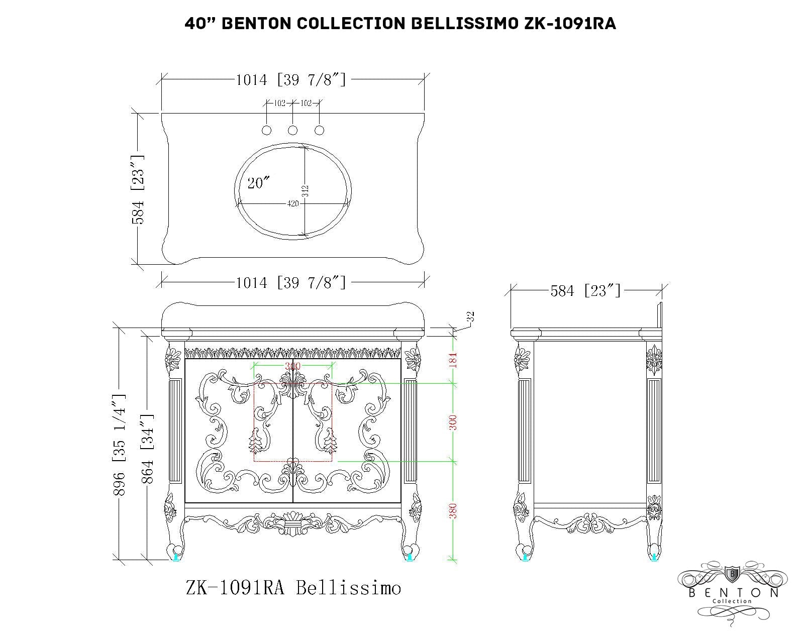 40" Benton Collection Bellissimo Bathroom Vanity with Italian Carrara Marble