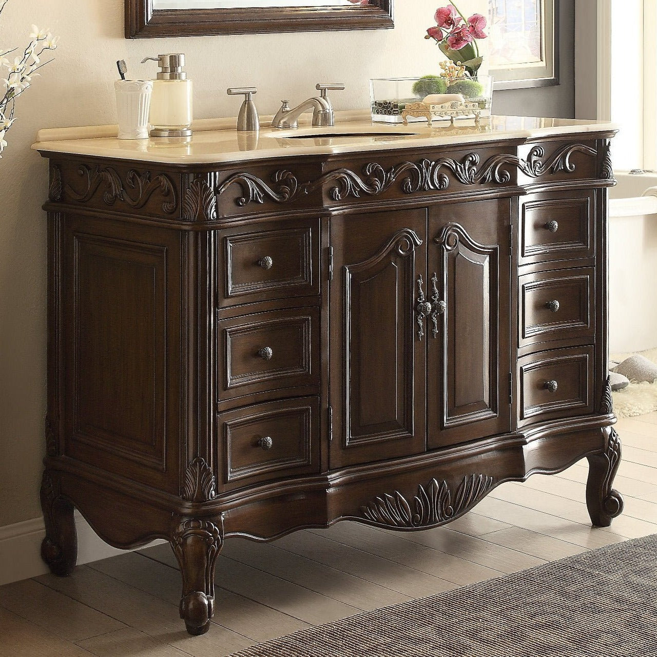 42 Inch Dark Brown Traditional Style Single Sink Cream Marble Countertop Beckham Bathroom Vanity