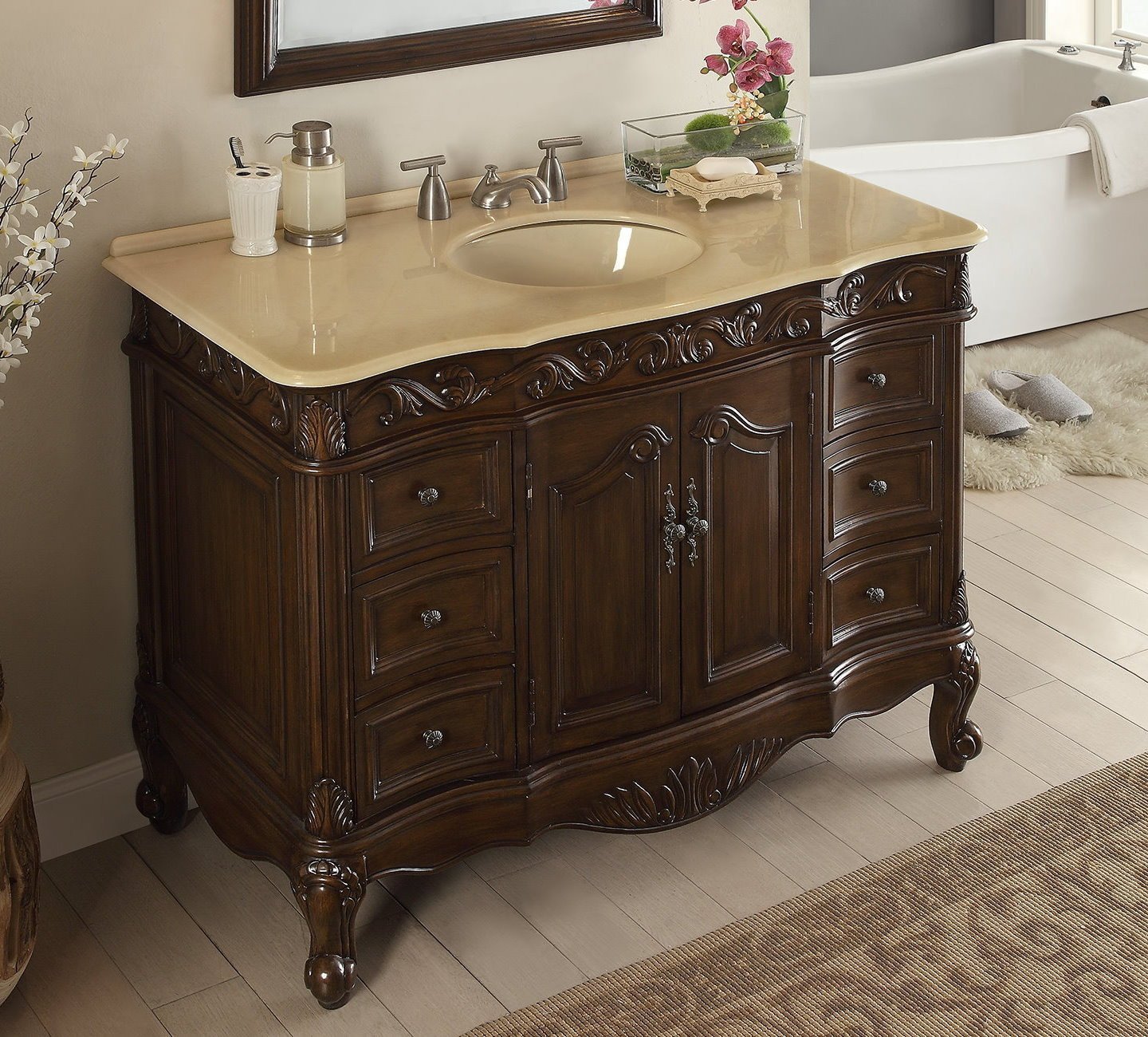 42 Inch Dark Brown Traditional Style Single Sink Cream Marble Countertop Beckham Bathroom Vanity