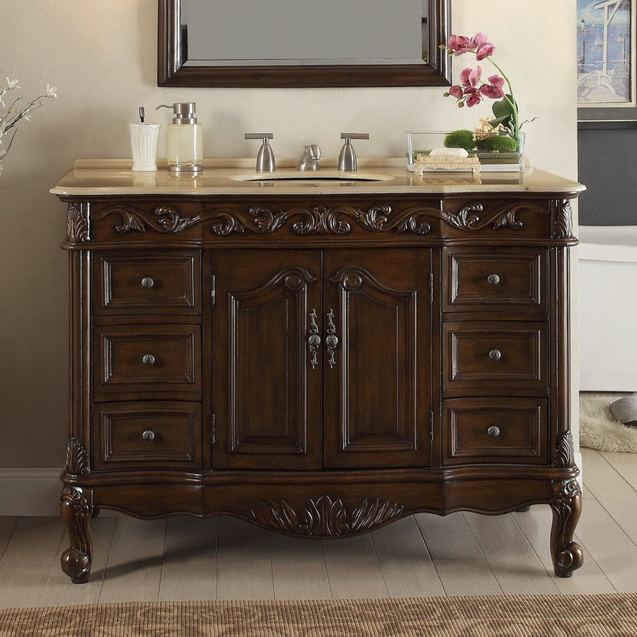 42 Inch Dark Brown Traditional Style Single Sink Cream Marble Countertop Beckham Bathroom Vanity