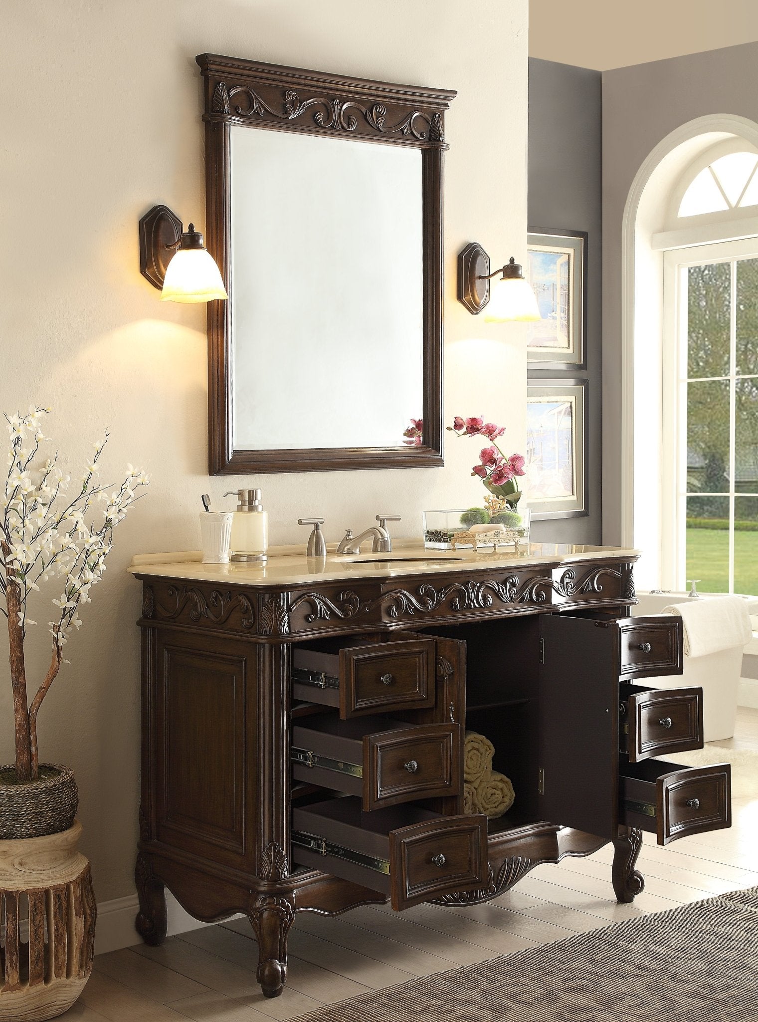 42 Inch Dark Brown Traditional Style Single Sink Cream Marble Countertop Beckham Bathroom Vanity