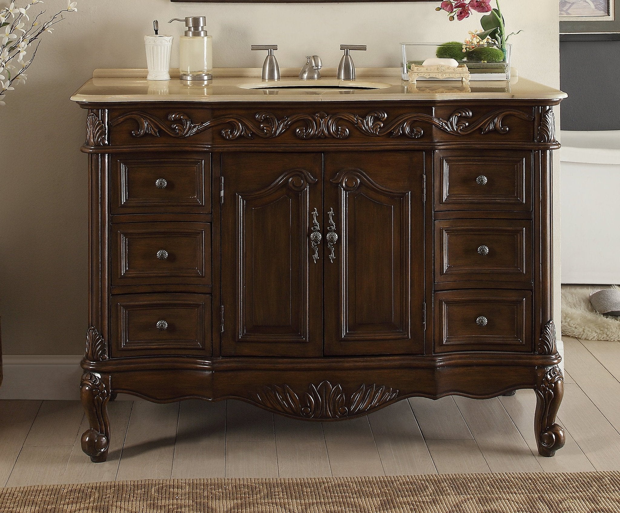42 Inch Dark Brown Traditional Style Single Sink Cream Marble Countertop Beckham Bathroom Vanity