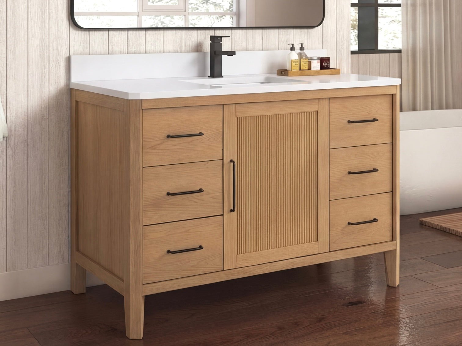 48 Inch Barque Single Sink Warm Oak Brown Finish Bathroom Vanity With White Top