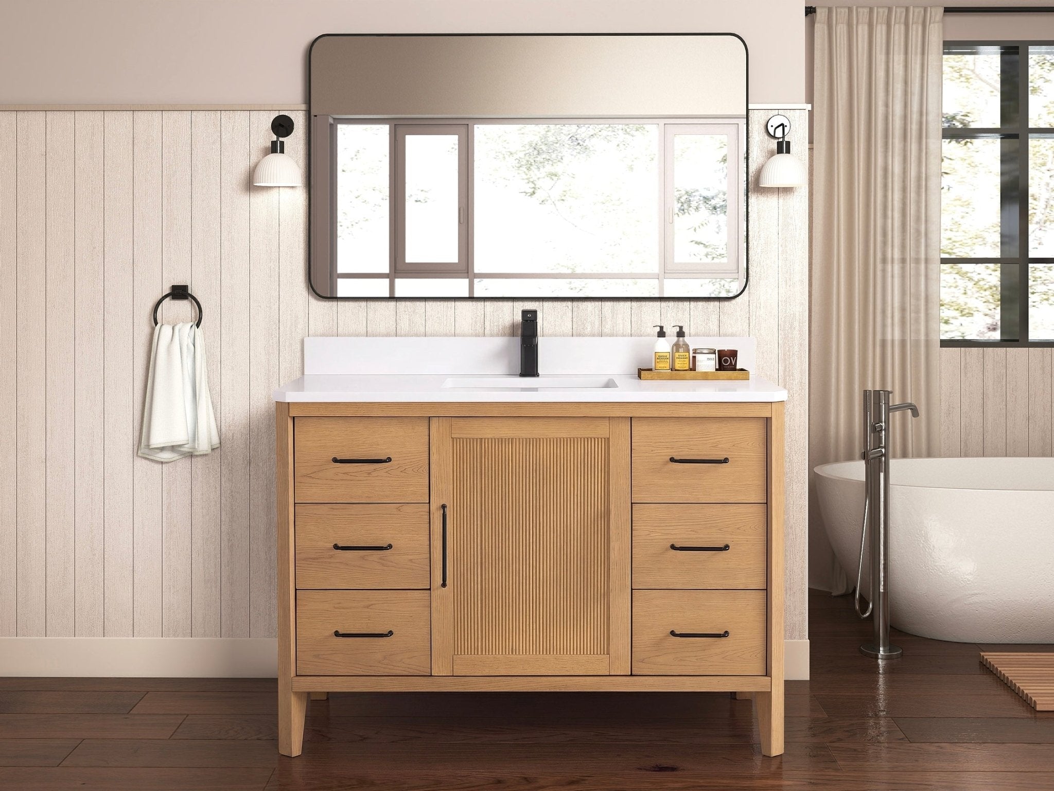 48 Inch Barque Single Sink Warm Oak Brown Finish Bathroom Vanity With White Top