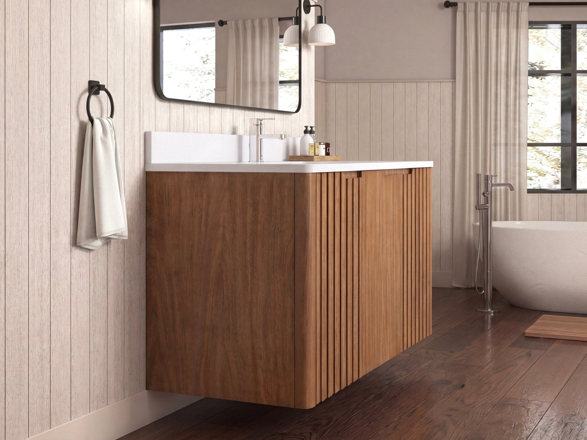 48 Inch Fume Single Sink Mango Warm Oak Brown Finish Wall Mount Floating Style Bathroom Vanity