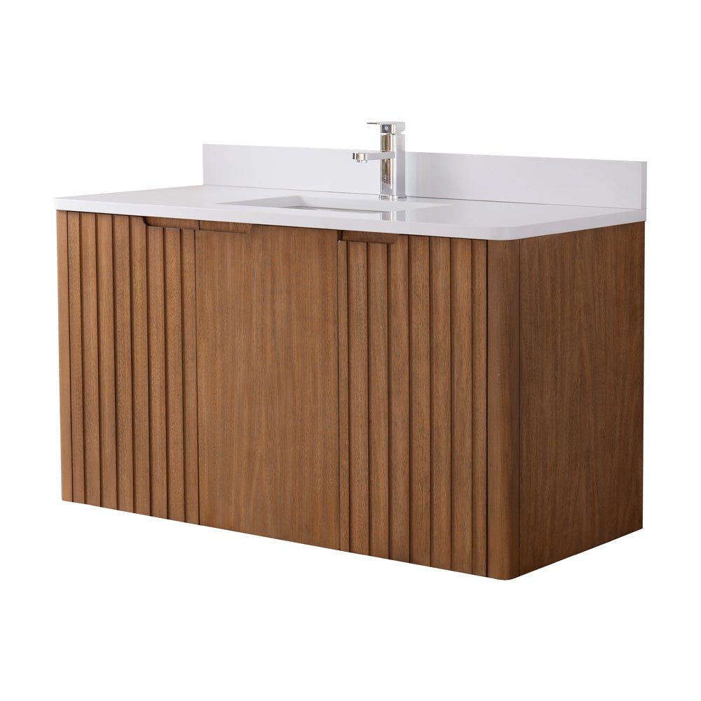 48 Inch Fume Single Sink Mango Warm Oak Brown Finish Wall Mount Floating Style Bathroom Vanity
