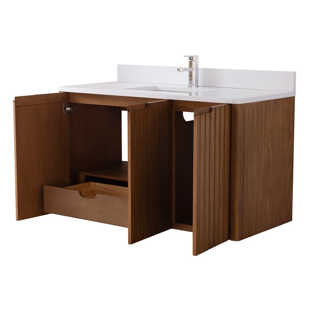 48 Inch Fume Single Sink Mango Warm Oak Brown Finish Wall Mount Floating Style Bathroom Vanity