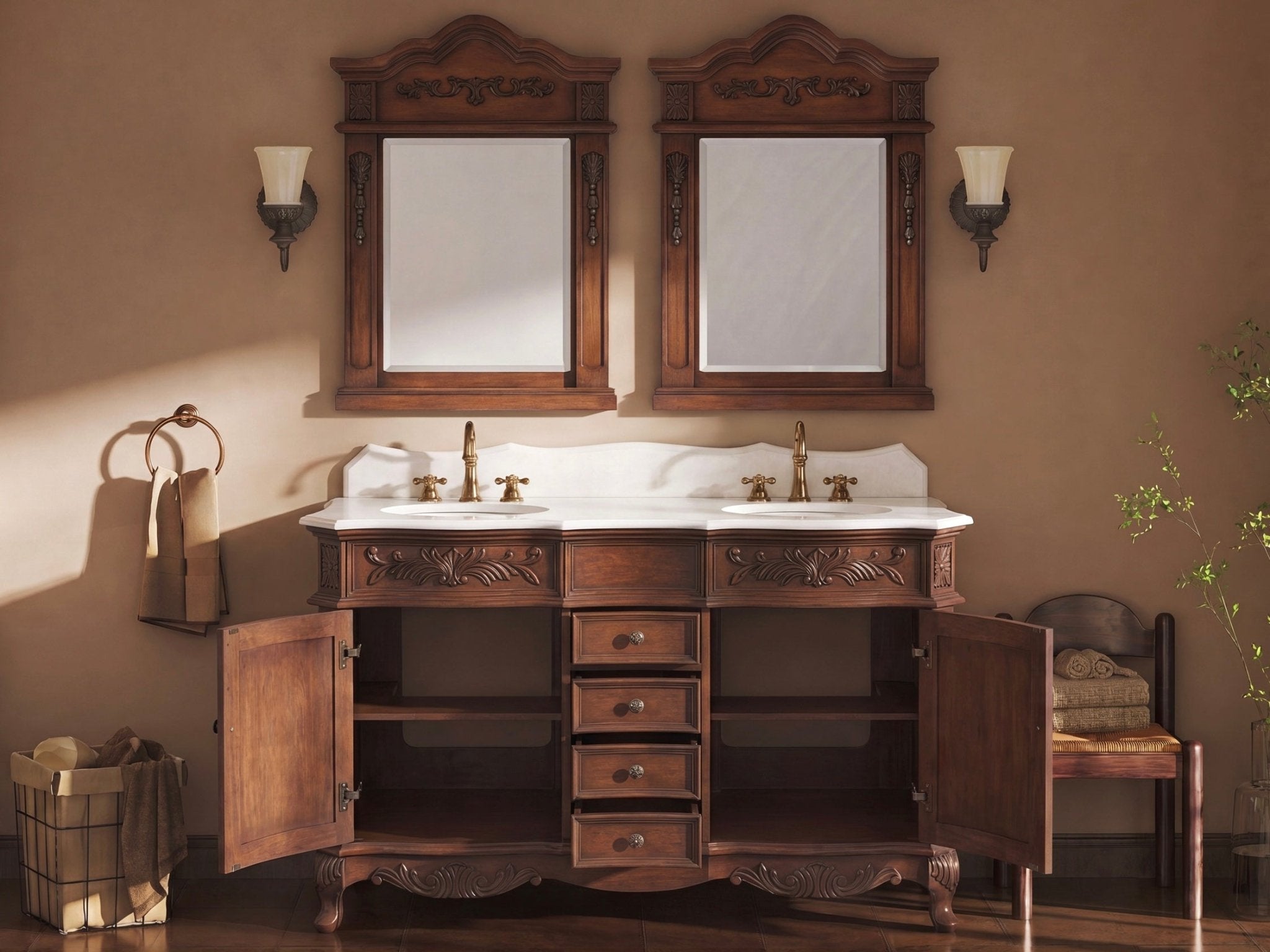 48 Inch Morton Traditional Double Sink Bathroom Vanity Antique Brown with White Quartz Top