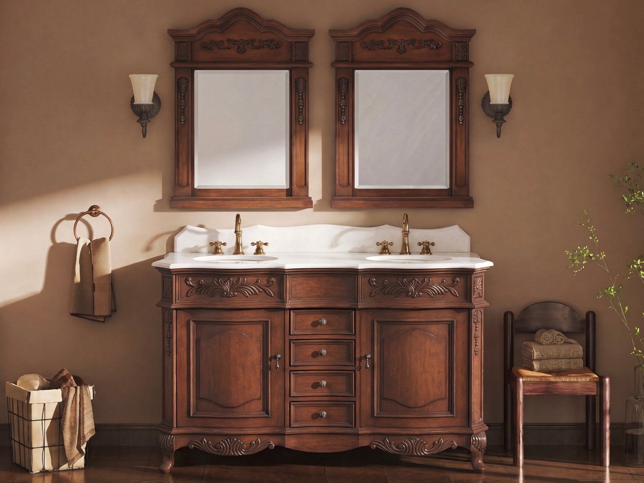 48 Inch Morton Traditional Double Sink Bathroom Vanity Antique Brown with White Quartz Top