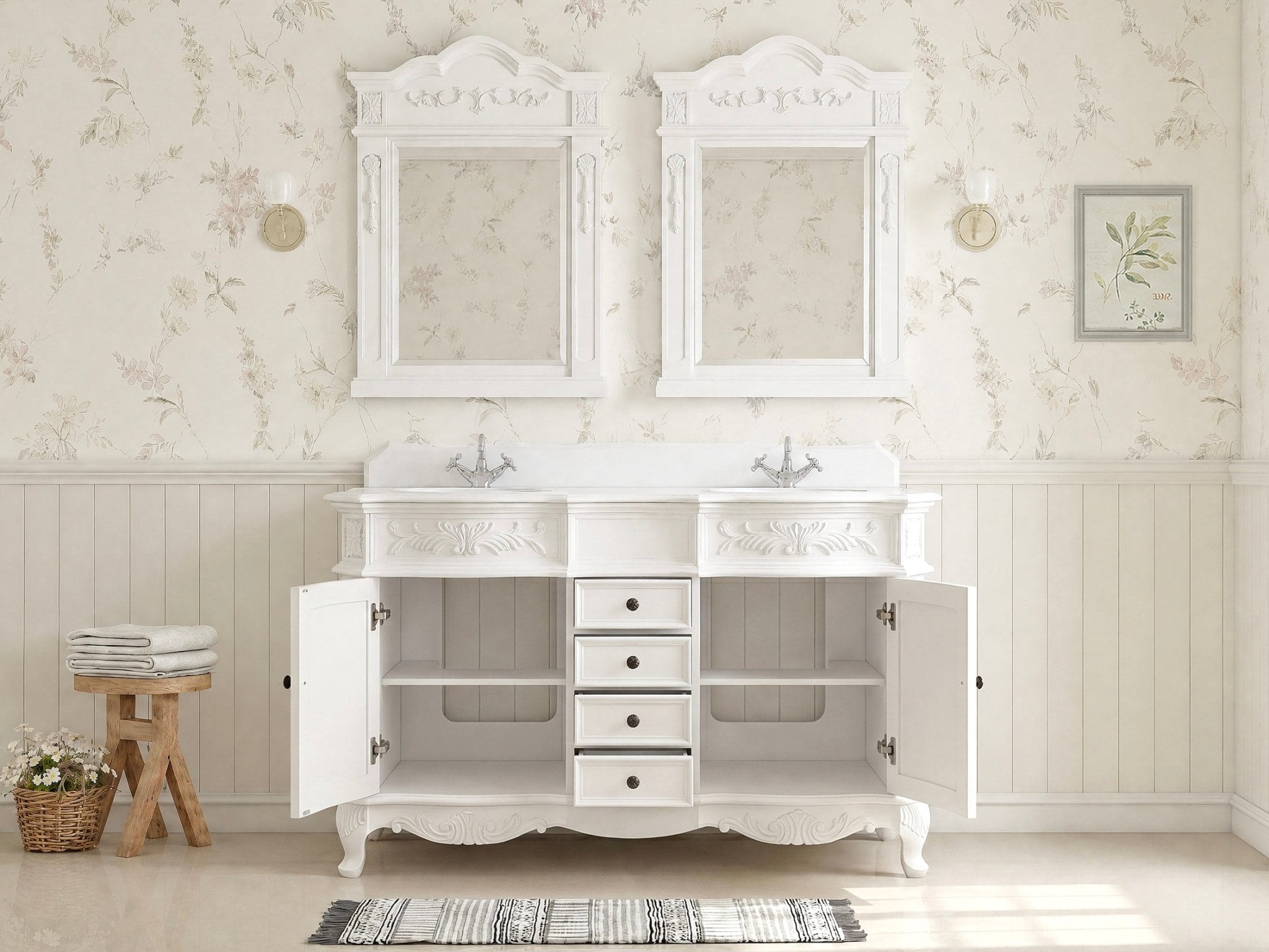 48 Inch Traditional Double Sink Bathroom Vanity Antique White with White Quartz Top