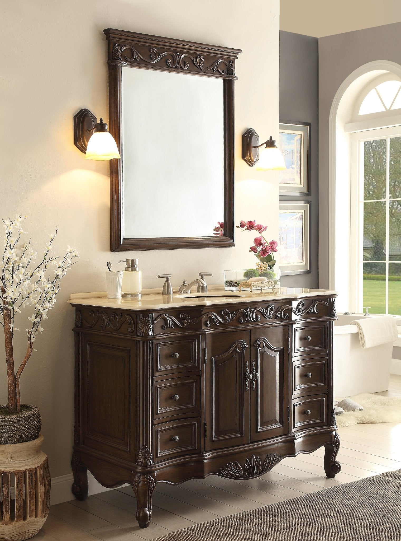 48 Inch Dark Brown Traditional Style Single Sink Cream Marble Countertop Beckham Bathroom Vanity