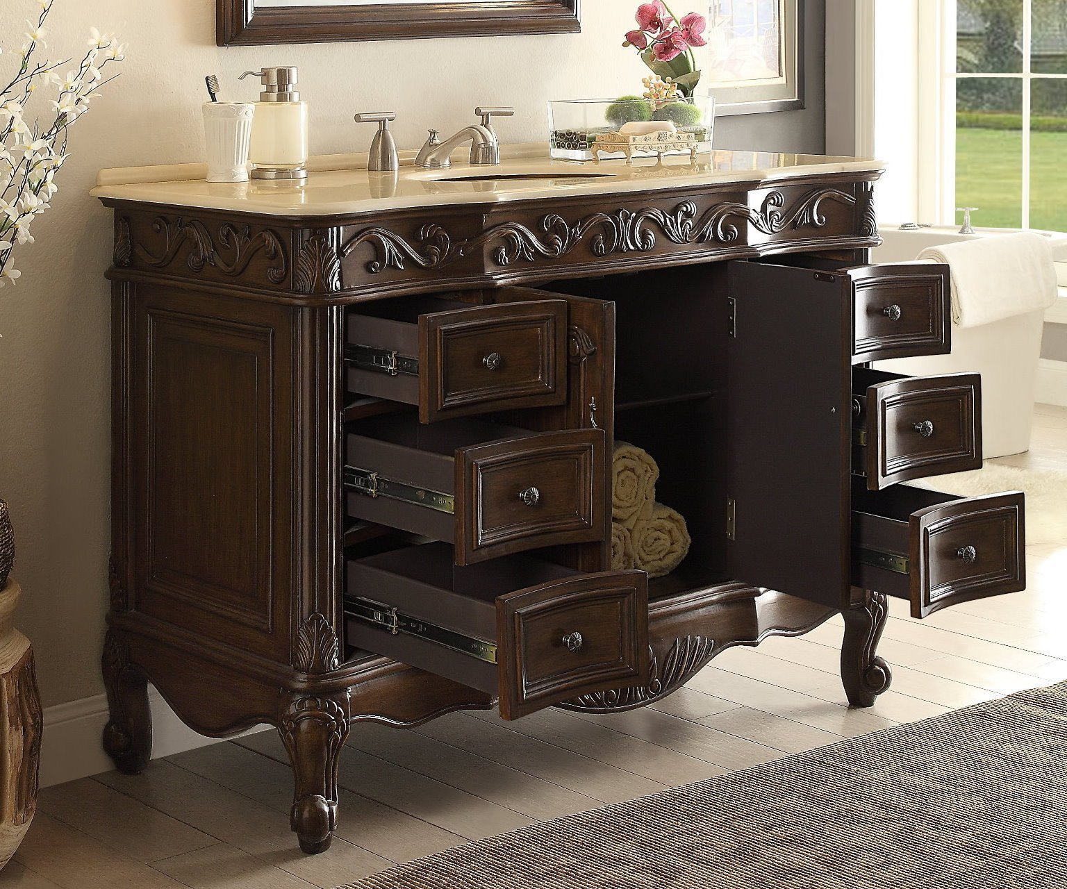 48 Inch Dark Brown Traditional Style Single Sink Cream Marble Countertop Beckham Bathroom Vanity