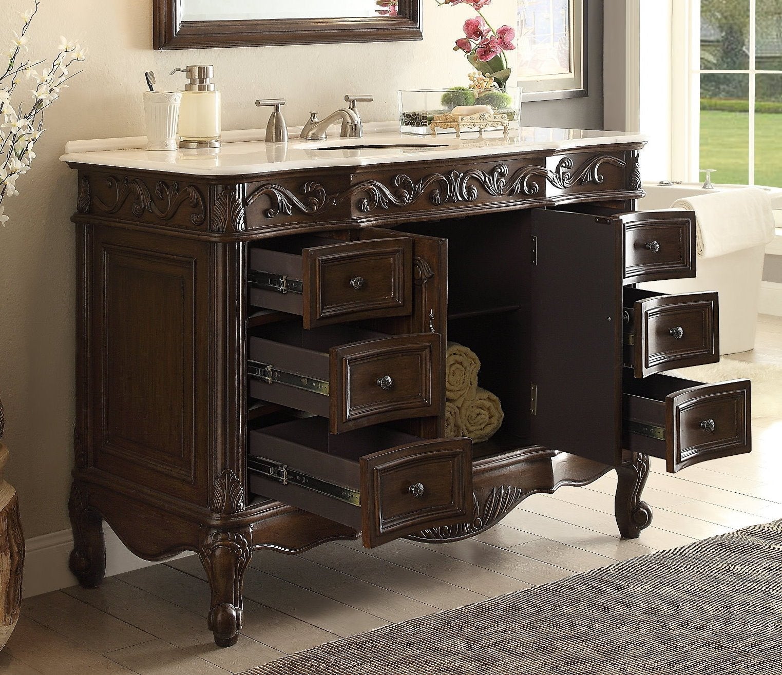 48 Inch Dark Brown Traditional Style Single Sink White Marble Countertop Beckham Bathroom Vanity