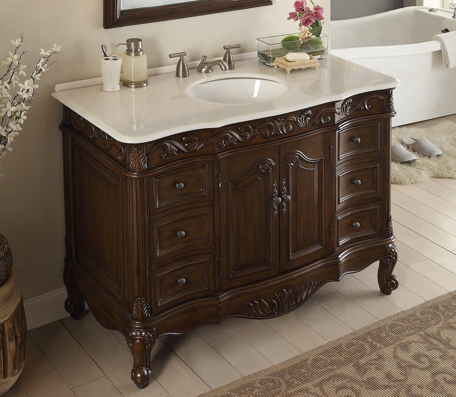 48 Inch Dark Brown Traditional Style Single Sink White Marble Countertop Beckham Bathroom Vanity