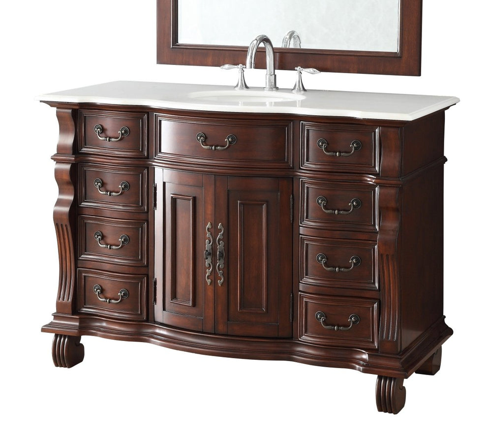 50 Inch Antique Style Cherry Wood Hopkinton Bathroom Sink Vanity White Marble Top