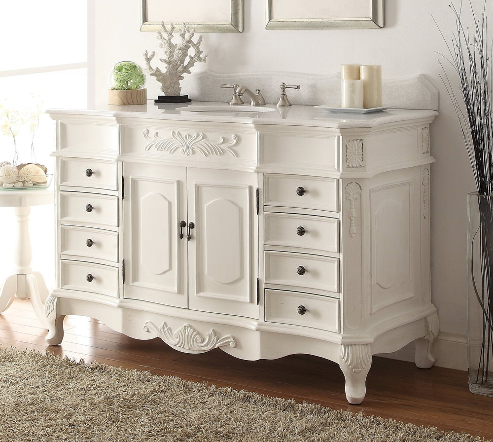 56 Inch Morton Antique Style White Single Sink Bathroom Vanity White Quartz Top