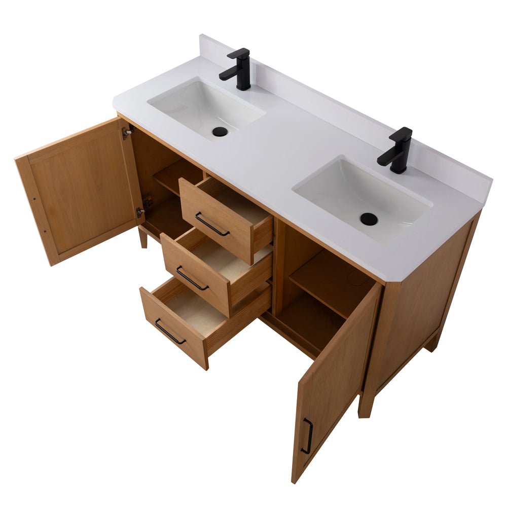 60 Inch Barque Double Sink Warm Oak Brown Finish Bathroom Vanity With White Top
