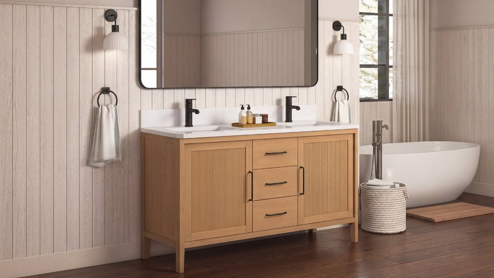60 Inch Barque Double Sink Warm Oak Brown Finish Bathroom Vanity With White Top