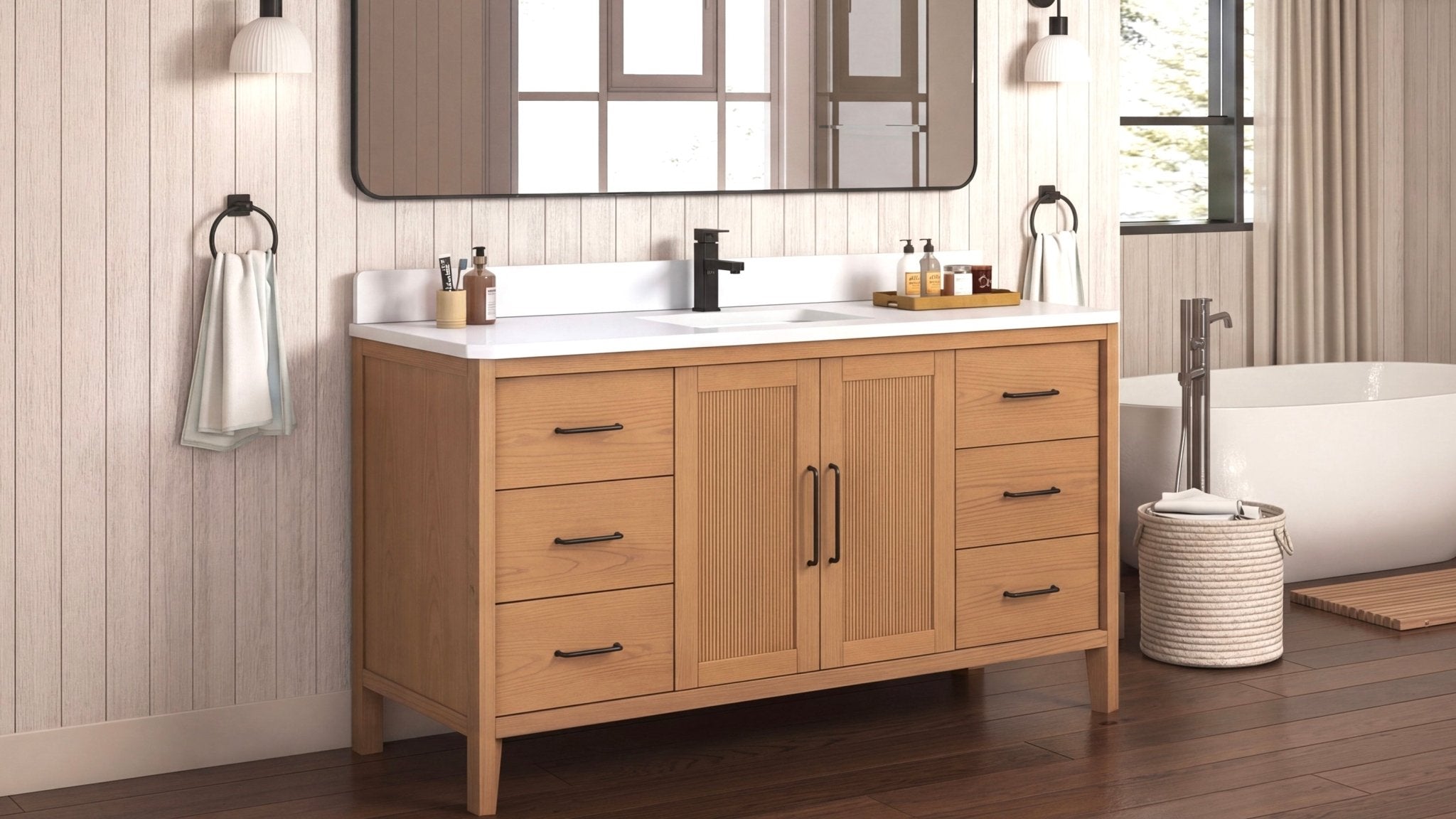 60 Inch Barque Single Sink Warm Oak Brown Finish Bathroom Vanity With White Top