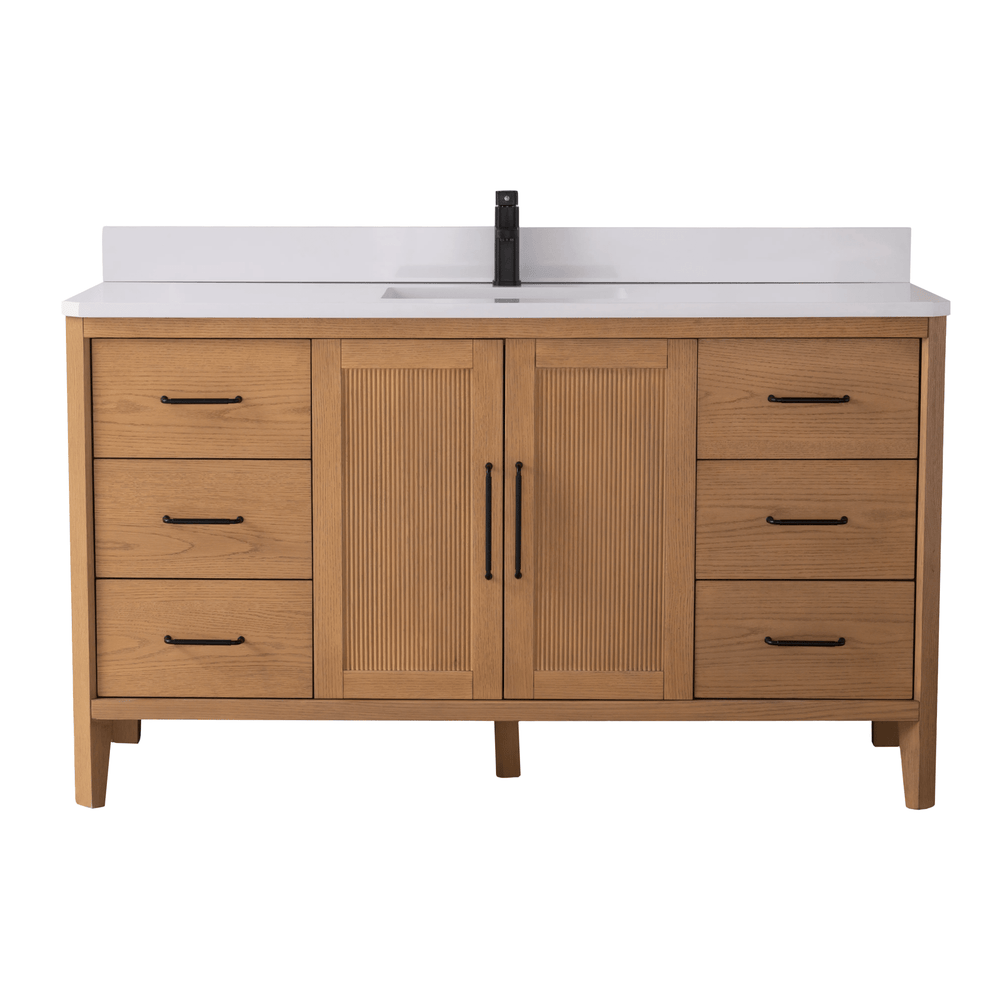 60 Inch Barque Single Sink Warm Oak Brown Finish Bathroom Vanity with White Quartz Top