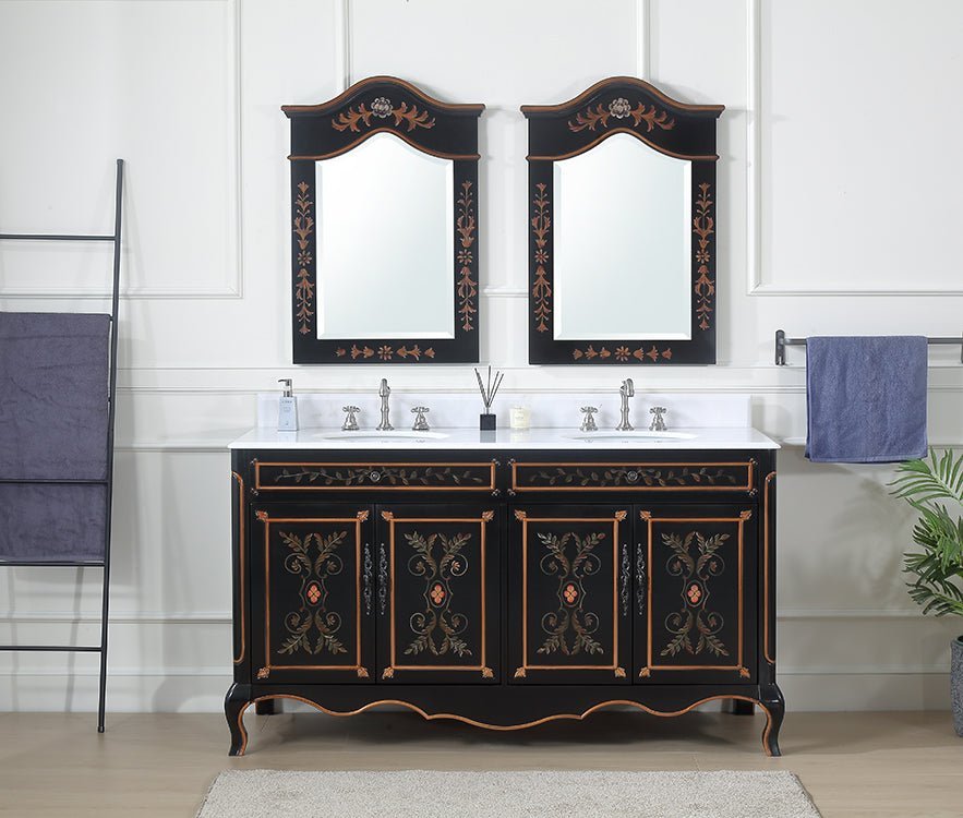 60 Inch Black Hand - Painted Floral Decoroso Double Sink Bathroom Vanity - Bentoncollections