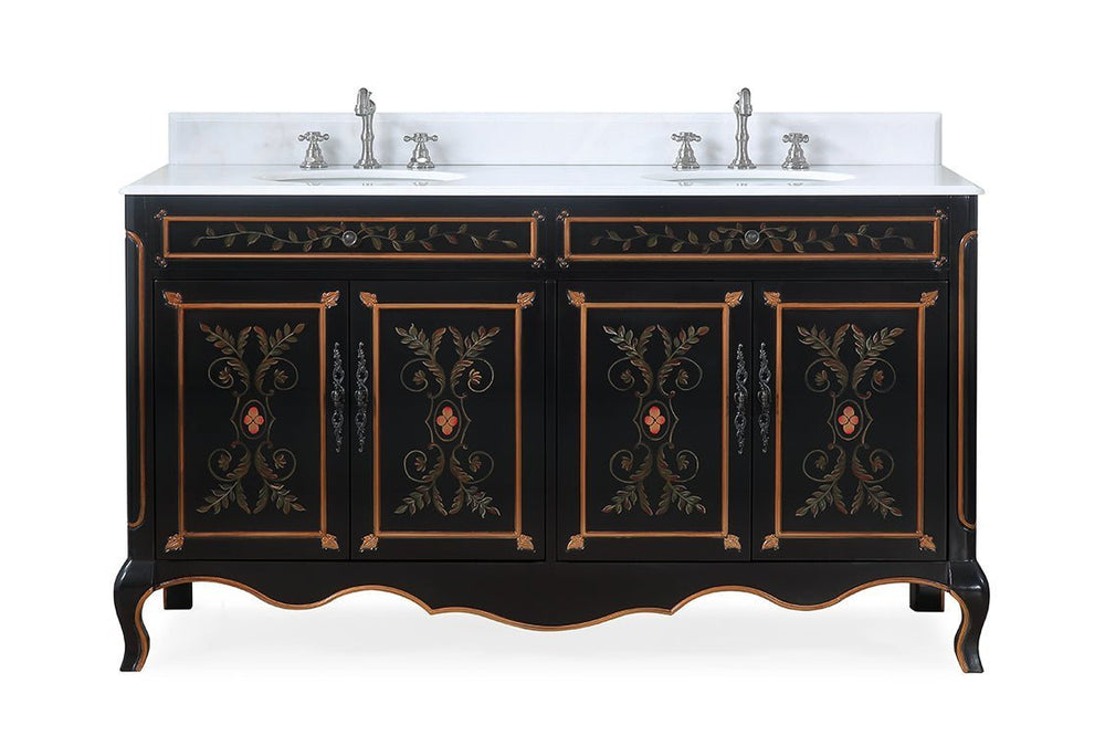 60 Inch Black Hand-Painted Floral Decoroso Double Sink Bathroom Vanity
