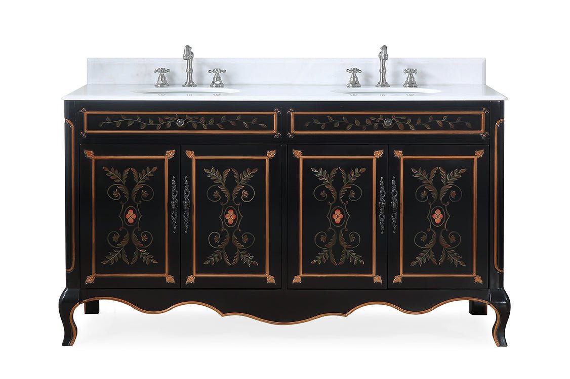 60 Inch Black Hand - Painted Floral Decoroso Double Sink Bathroom Vanity - Bentoncollections