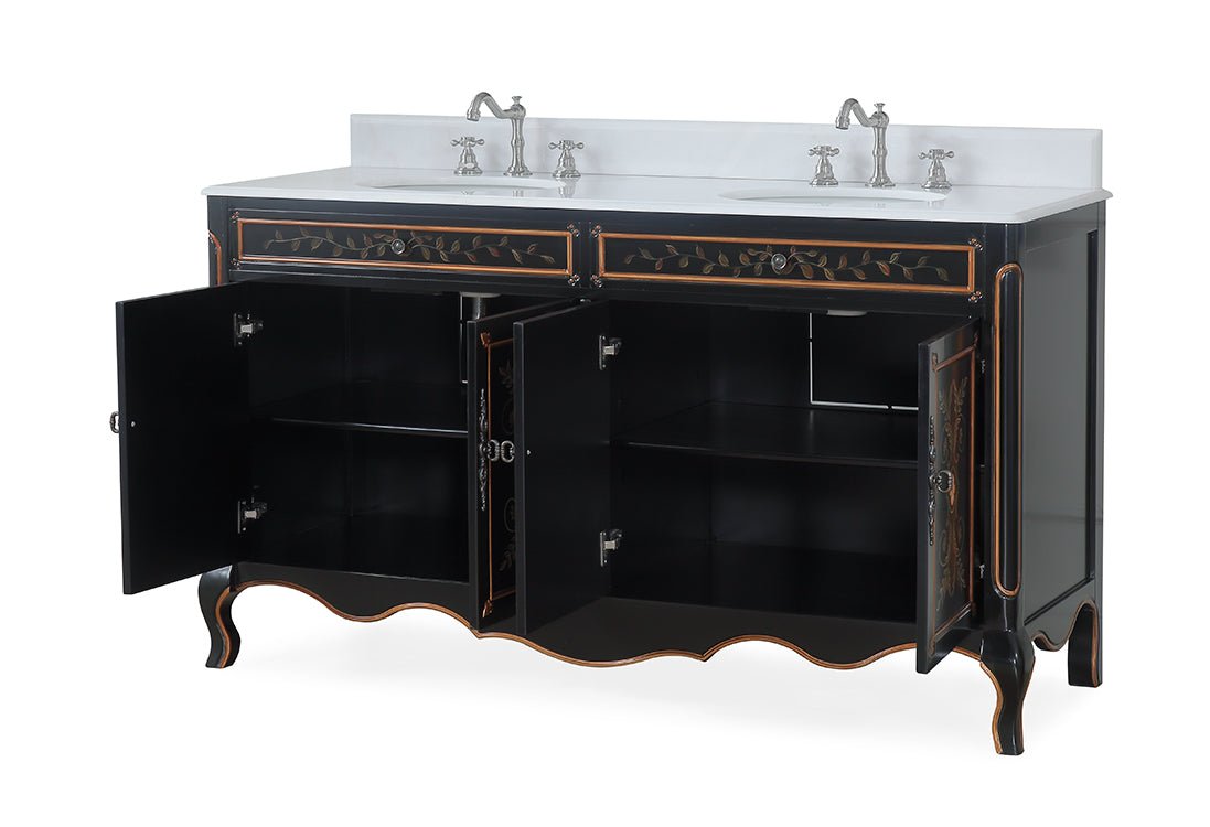 60 Inch Black Hand - Painted Floral Decoroso Double Sink Bathroom Vanity